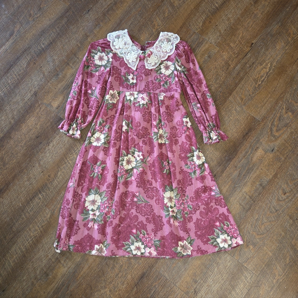 Vtg RUTH OF CAROLINA Floral Dress Lace Collar Puff Sleeve Girl Sz 7 Cottagecore